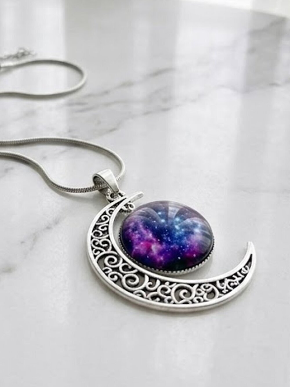 Purple Crescent Moon Galaxy Necklace